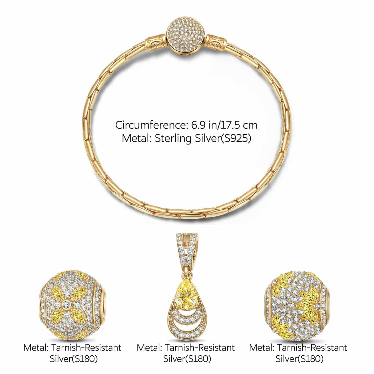 Sterling Silver Opulent Grace Charms Bracelet Set In 14K Gold Plated