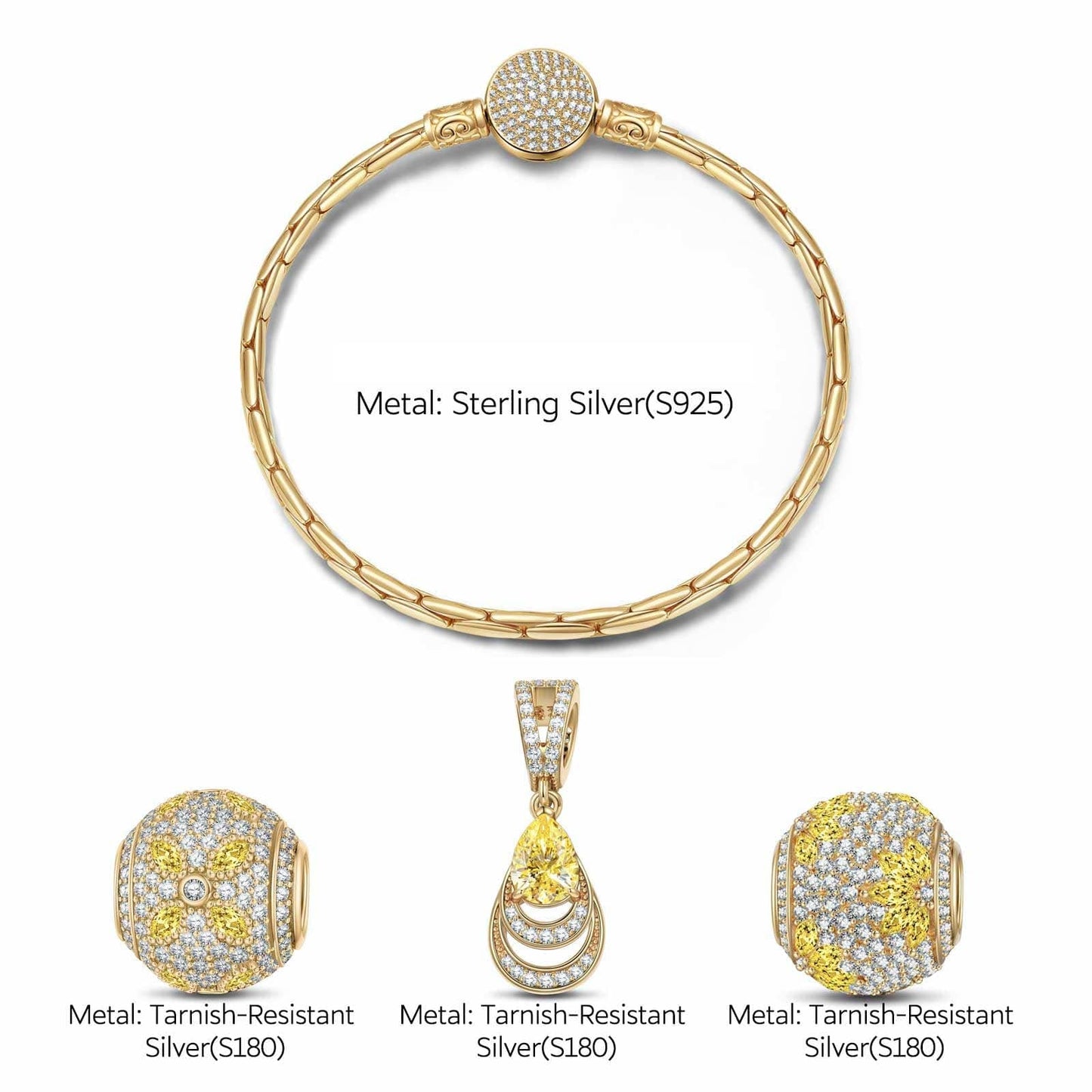 Sterling Silver Opulent Grace Charms Bracelet Set In 14K Gold Plated (Includes bracelet and all charms shown)