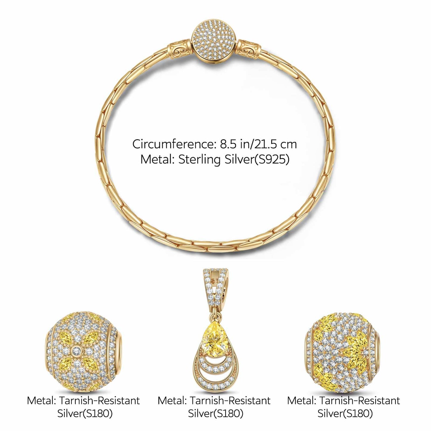 Sterling Silver Opulent Grace Charms Bracelet Set In 14K Gold Plated (Includes bracelet and all charms shown)