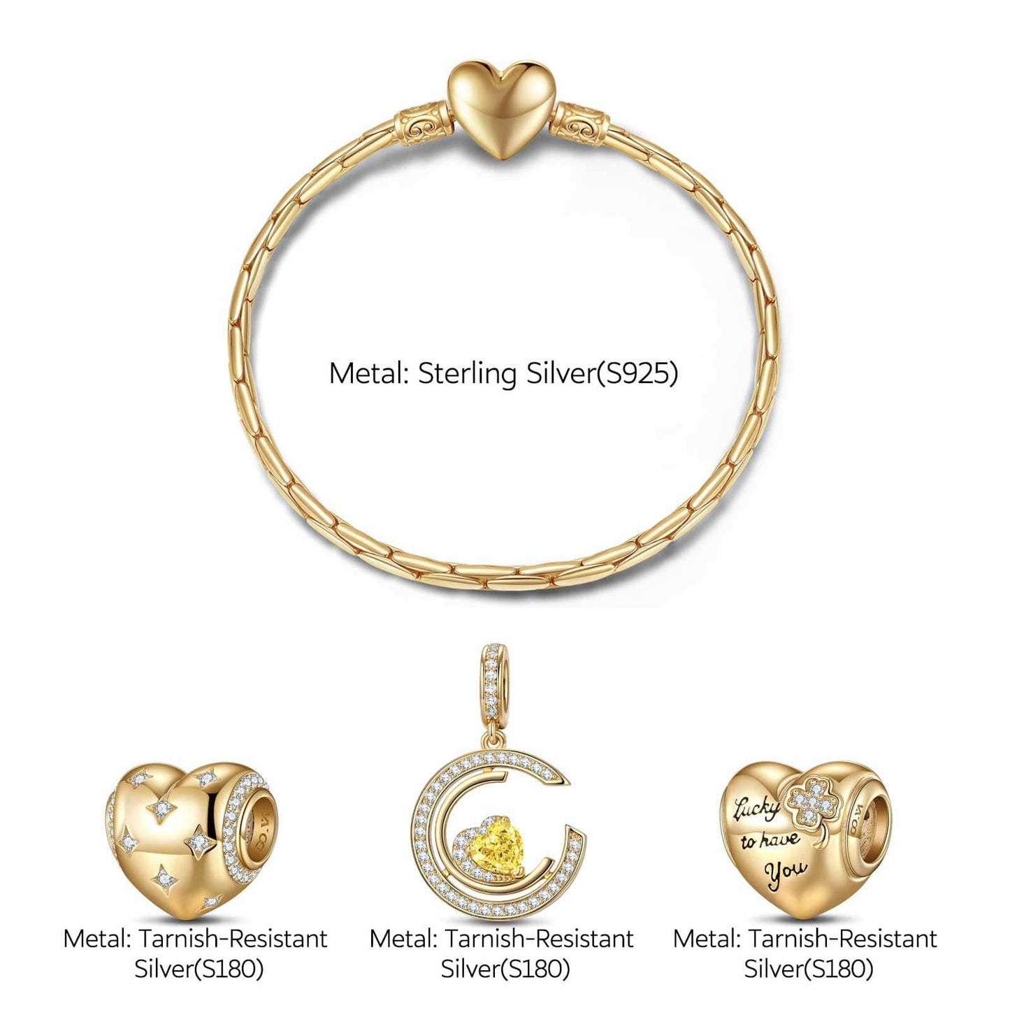 Sterling Silver Gleaming Affection Charms Bracelet Set In 14K Gold Plated (Includes bracelet and all charms shown)
