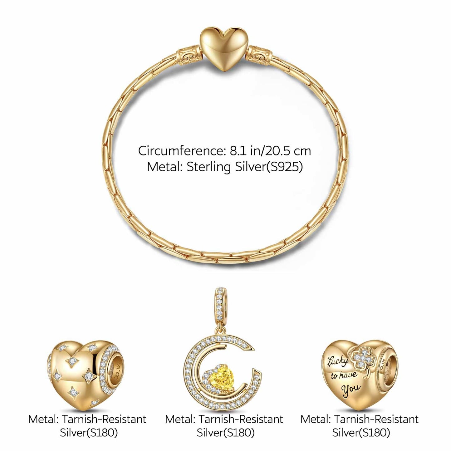 Sterling Silver Gleaming Affection Charms Bracelet Set In 14K Gold Plated (Includes bracelet and all charms shown)