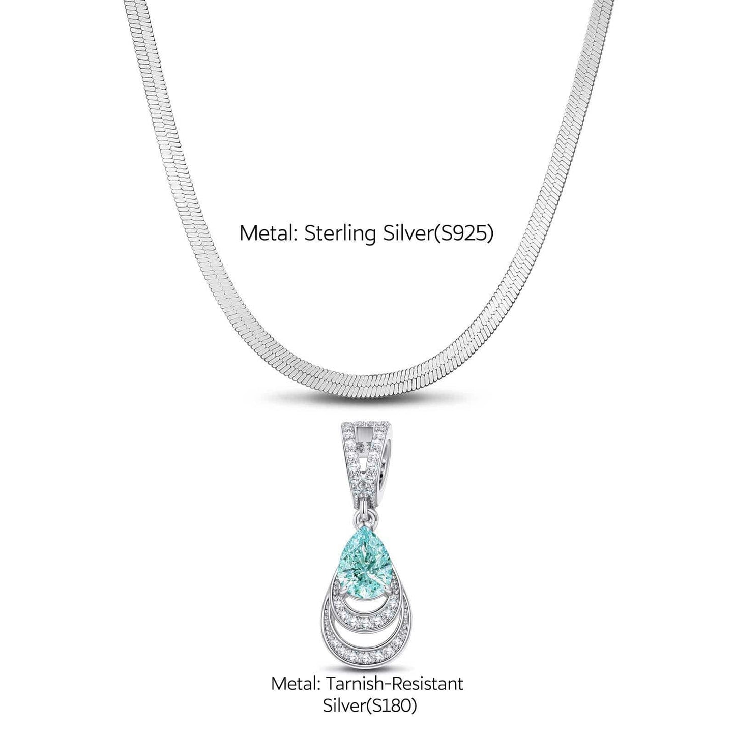 Sterling Silver Flat Snake Chain Mermaid's Tear Charms Necklace Set In White Gold Plated