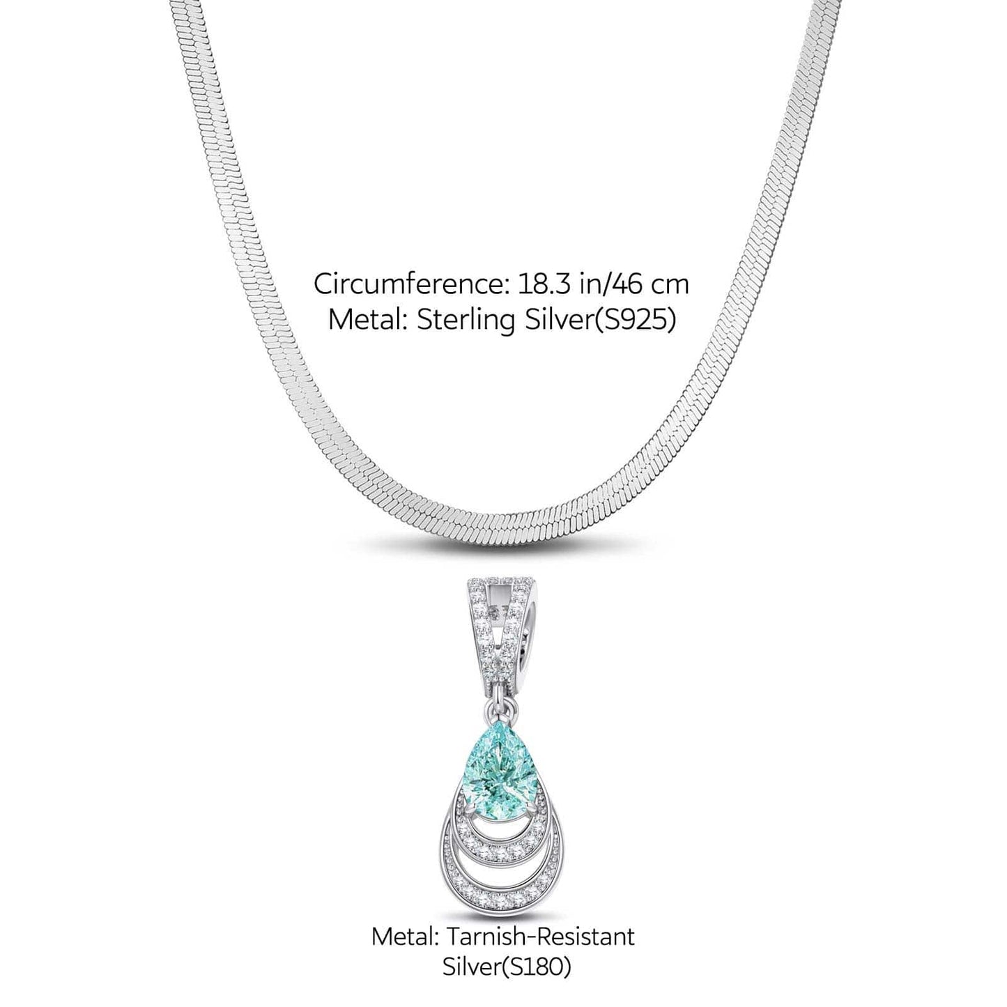 Sterling Silver Flat Snake Chain Mermaid's Tear Charms Necklace Set In White Gold Plated