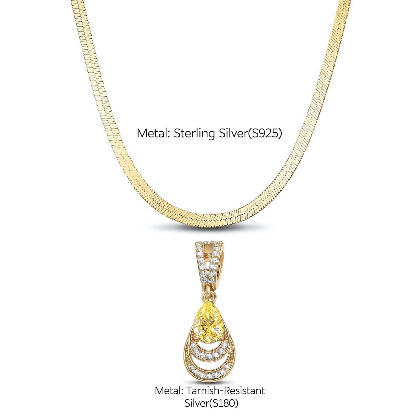 Sterling Silver Flat Snake Chain Mermaid's Tear Charms Necklace Set In 14K Gold Plated