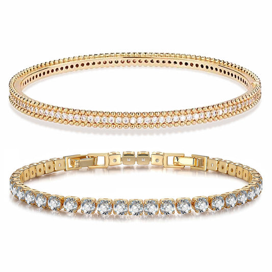gon- Sterling Silver Layered Bracelets Set: Tennis Bracelet and Bangle Bracelet Set In 14K Gold Plated