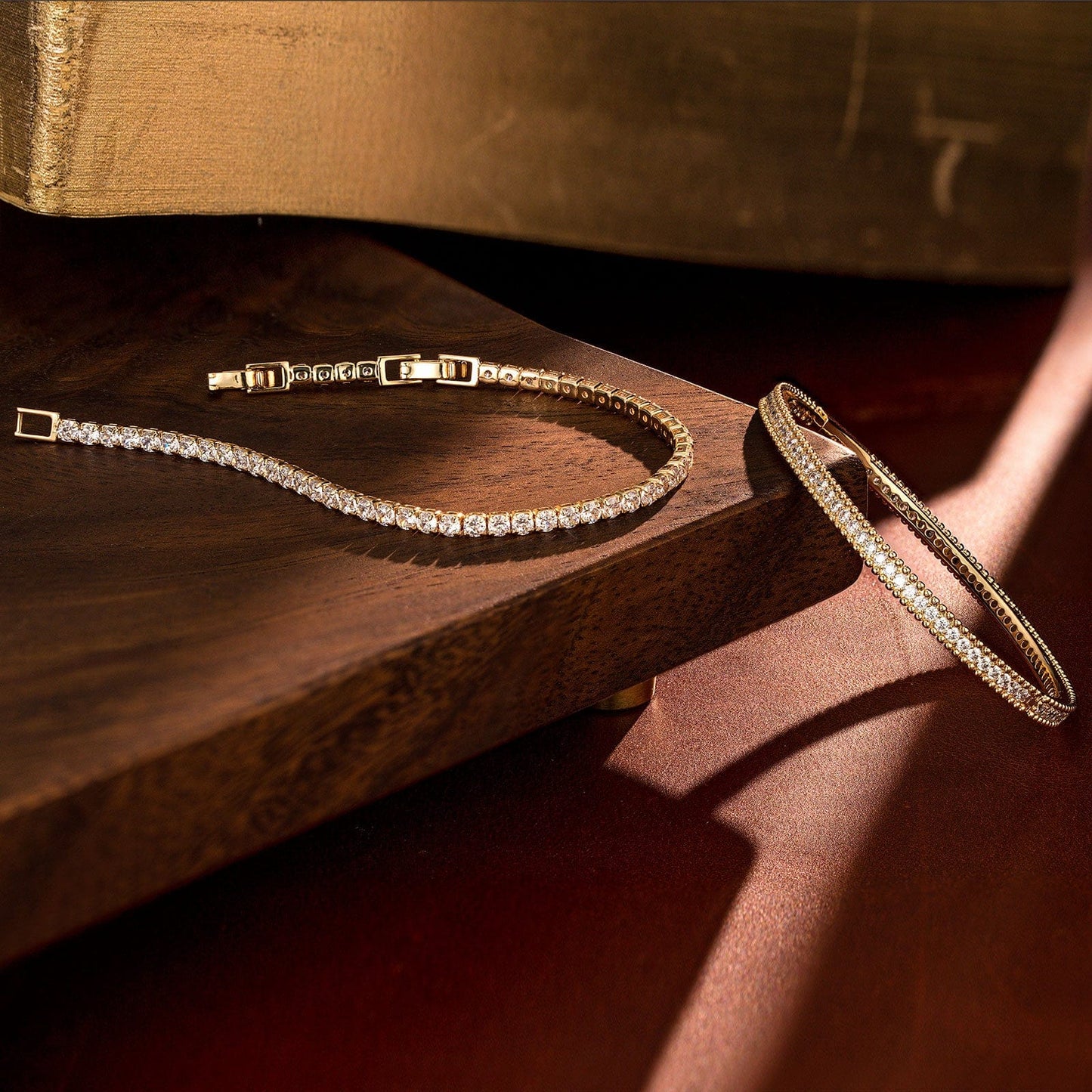 Sterling Silver Layered Bracelets Set: Tennis Bracelet and Bangle Bracelet Set In 14K Gold Plated