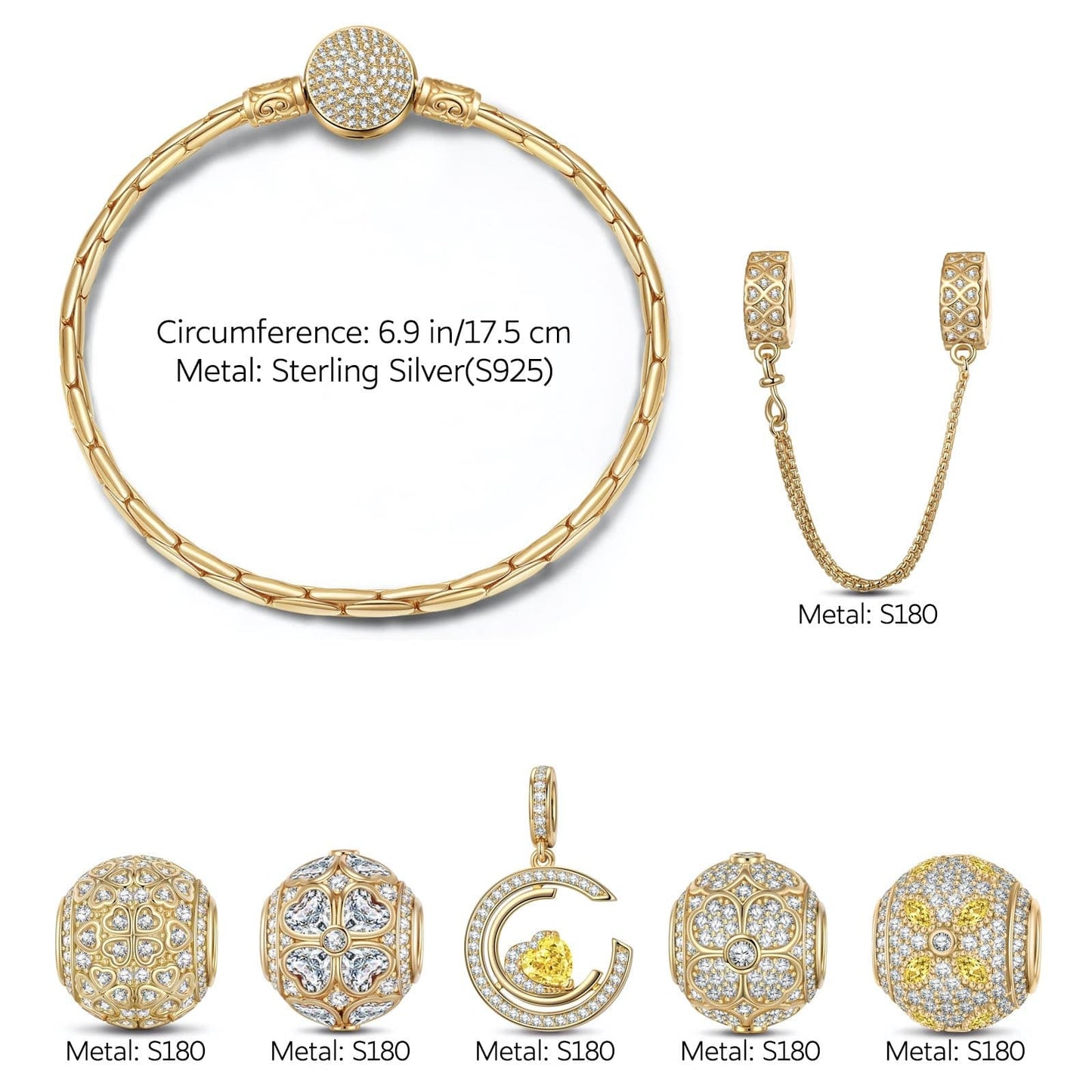 Sterling Silver Heartfelt Clover Charms Bracelet Set In 14K Gold Plated
