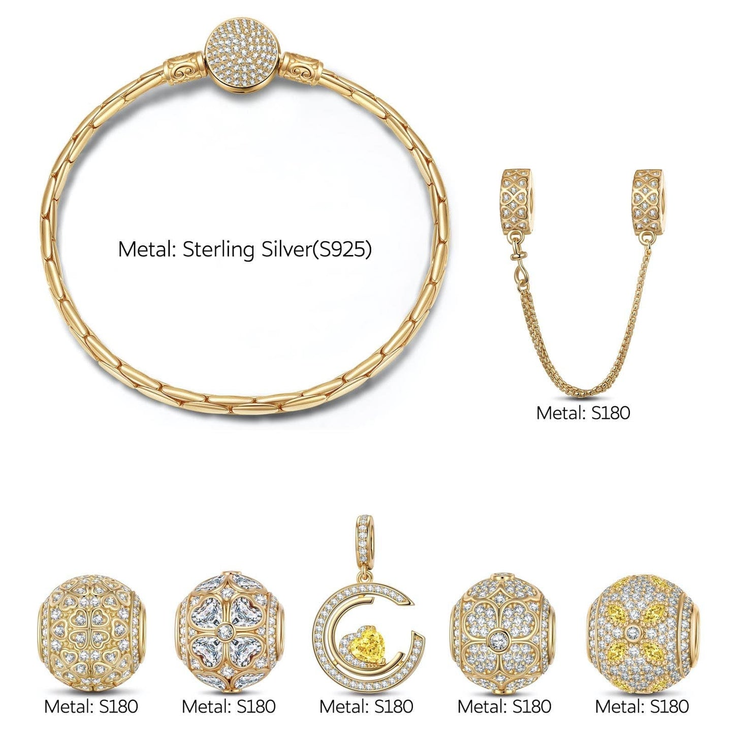 Sterling Silver Heartfelt Clover Charms Bracelet Set In 14K Gold Plated (Includes bracelet and all charms shown)