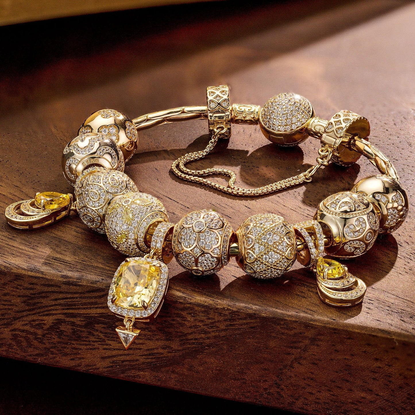 Sterling Silver Clover's Golden Glow Charms Bracelet Set In 14K Gold Plated