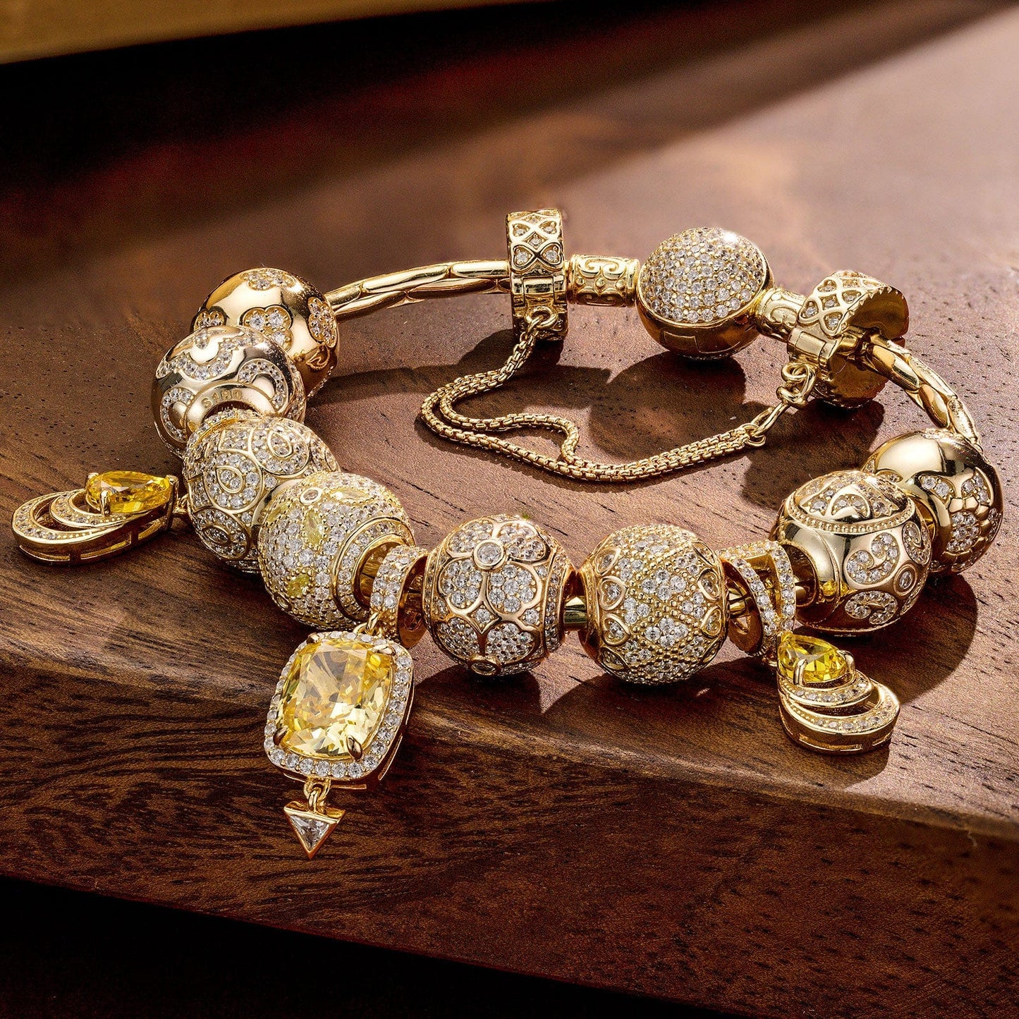 Sterling Silver Clover's Golden Glow Charms Bracelet Set In 14K Gold Plated (Includes bracelet and all charms shown)