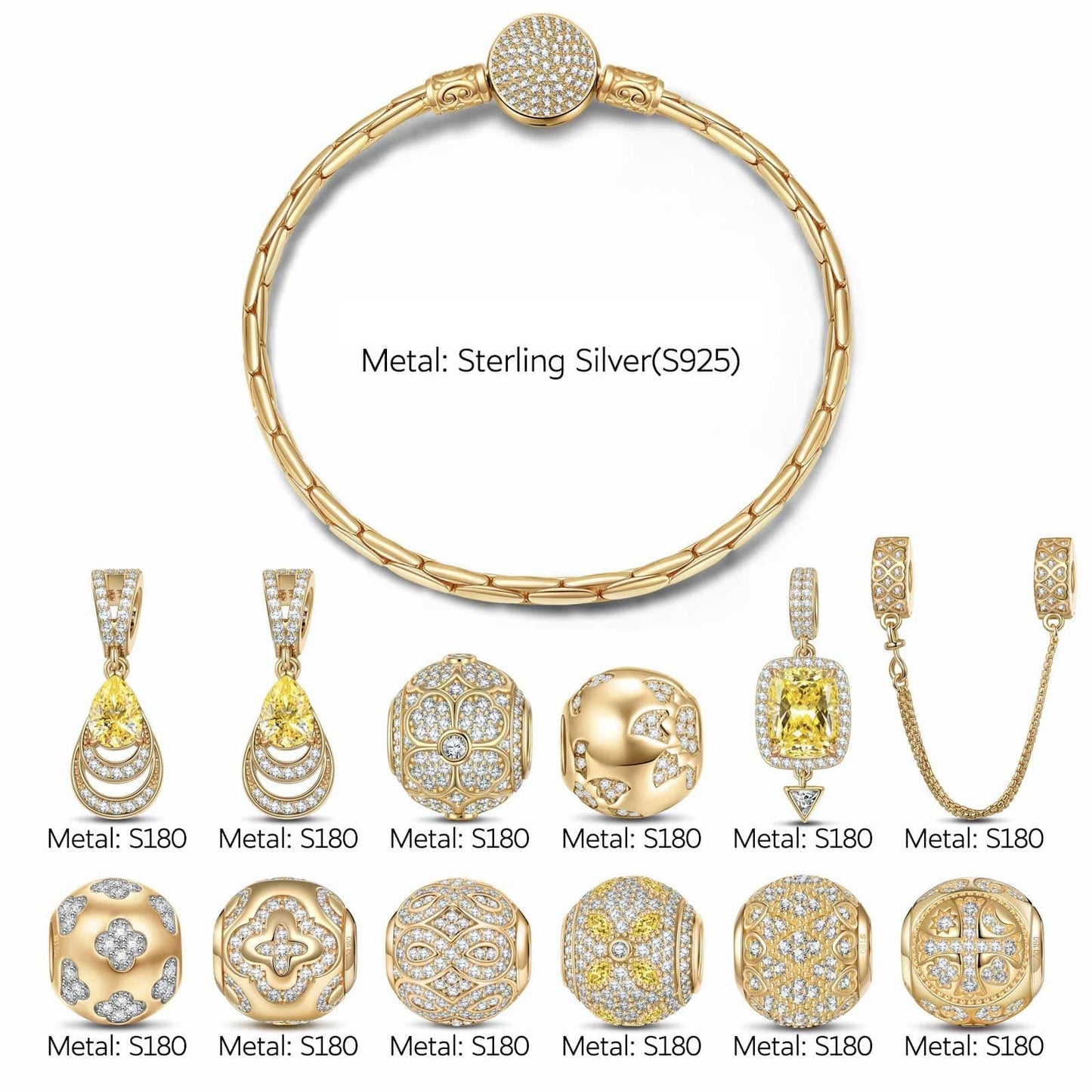 Sterling Silver Clover's Golden Glow Charms Bracelet Set In 14K Gold Plated (Includes bracelet and all charms shown)
