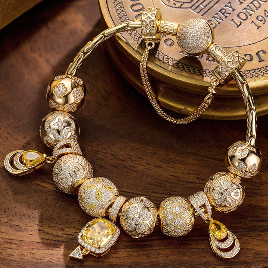 gona- Sterling Silver Clover's Golden Glow Charms Bracelet Set In 14K Gold Plated (Includes bracelet and all charms shown)