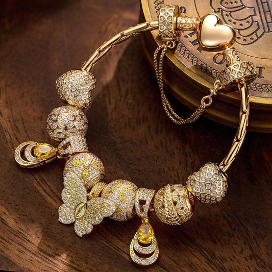 gona- Sterling Silver Sparkling Butterfly Dance Charms Bracelet Set In 14K Gold Plated (Includes bracelet and all charms shown)