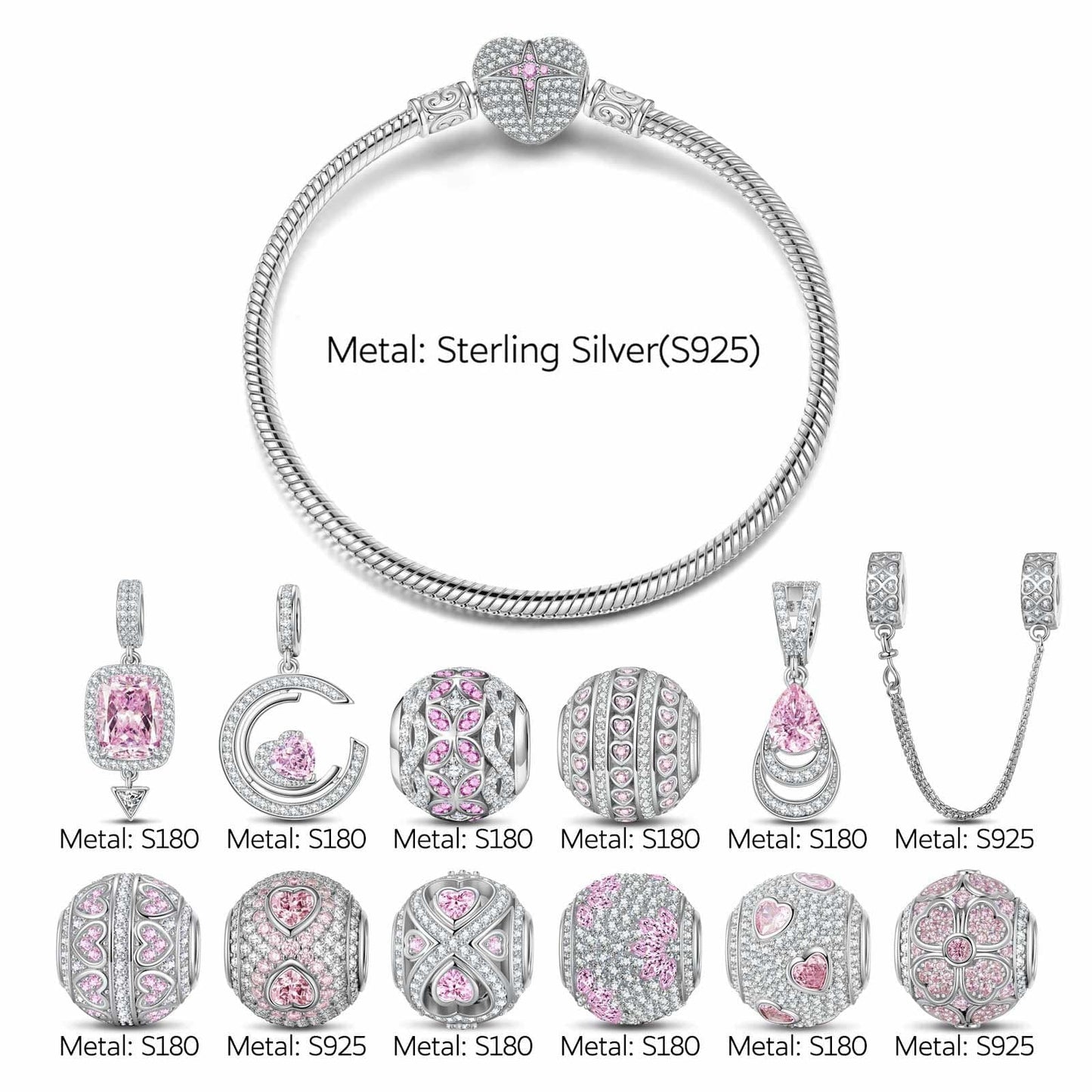 [💥As @JeannieBASMR's Pick] Sterling Silver Drop Of Eternal Love Charms Bracelet Set In White Gold Plated (Includes bracelet and all charms shown)