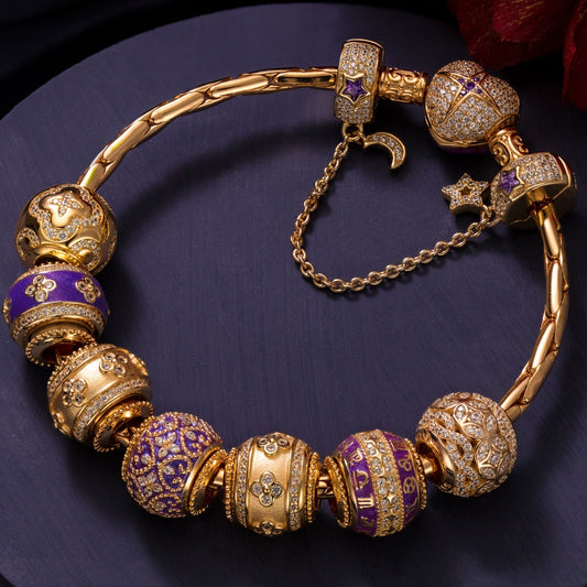 gon- Sterling Silver Purple Petals of Destiny Charms Bracelet Set With Enamel In 14K Gold Plated (Includes bracelet and all charms shown)