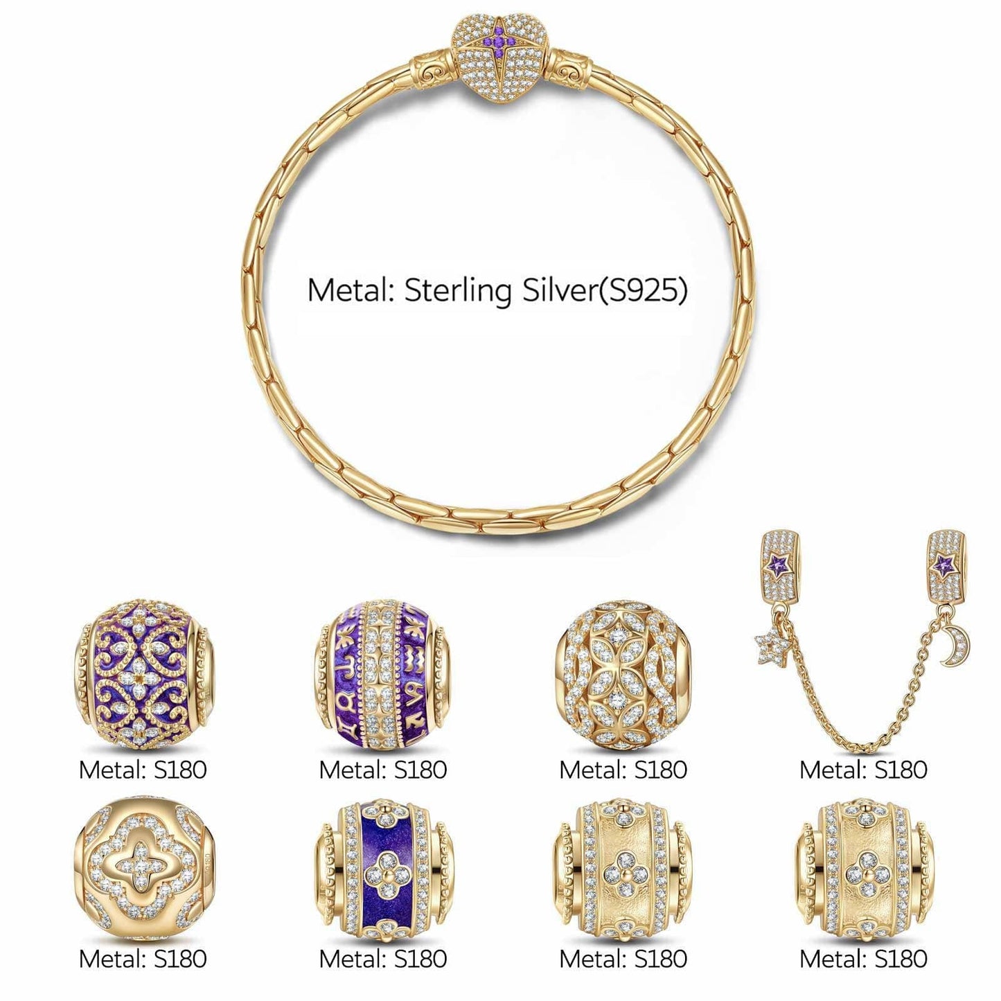 Sterling Silver Purple Petals of Destiny Charms Bracelet Set With Enamel In 14K Gold Plated (Includes bracelet and all charms shown)