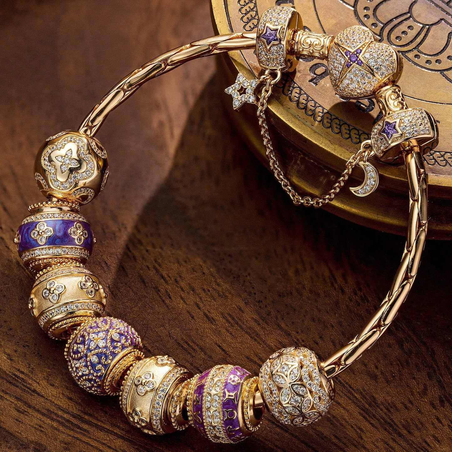 Sterling Silver Purple Petals of Destiny Charms Bracelet Set With Enamel In 14K Gold Plated (Includes bracelet and all charms shown)