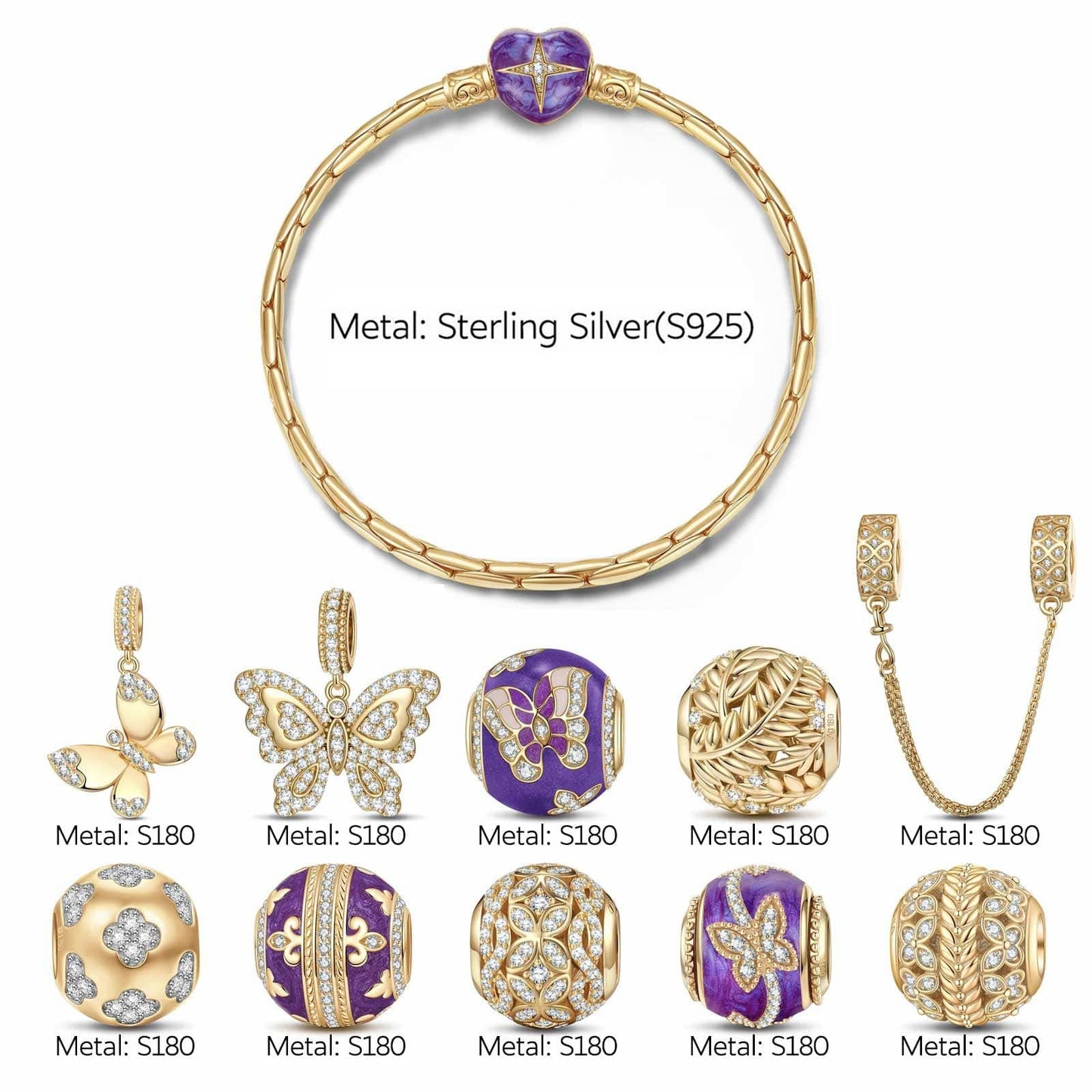 Sterling Silver Whispered Wishes Butterfly Charms Bracelet Set With Enamel In 14K Gold Plated (Includes bracelet and all charms shown)