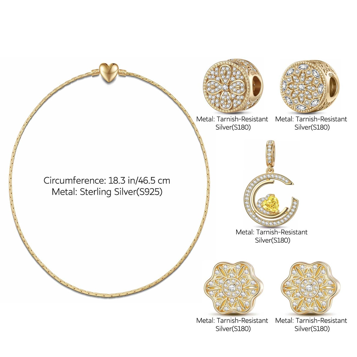 Sterling Silver Moonlit Romance Charms Necklace Set In 14K Gold Plated