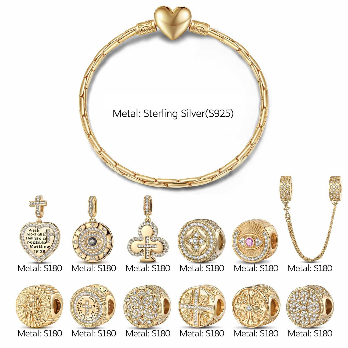 Sterling Silver Blessings and Golden Floral Charms Bracelet Set In 14K Gold Plated (Includes bracelet and all charms shown)
