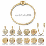Sterling Silver Blessings and Golden Floral Charms Bracelet Set In 14K Gold Plated (Includes bracelet and all charms shown)