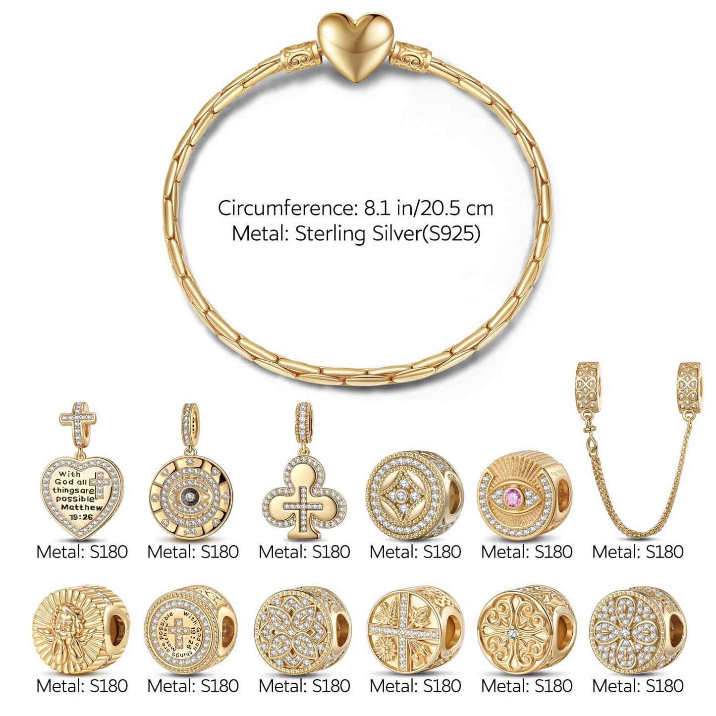 Sterling Silver Blessings and Golden Floral Charms Bracelet Set In 14K Gold Plated (Includes bracelet and all charms shown)