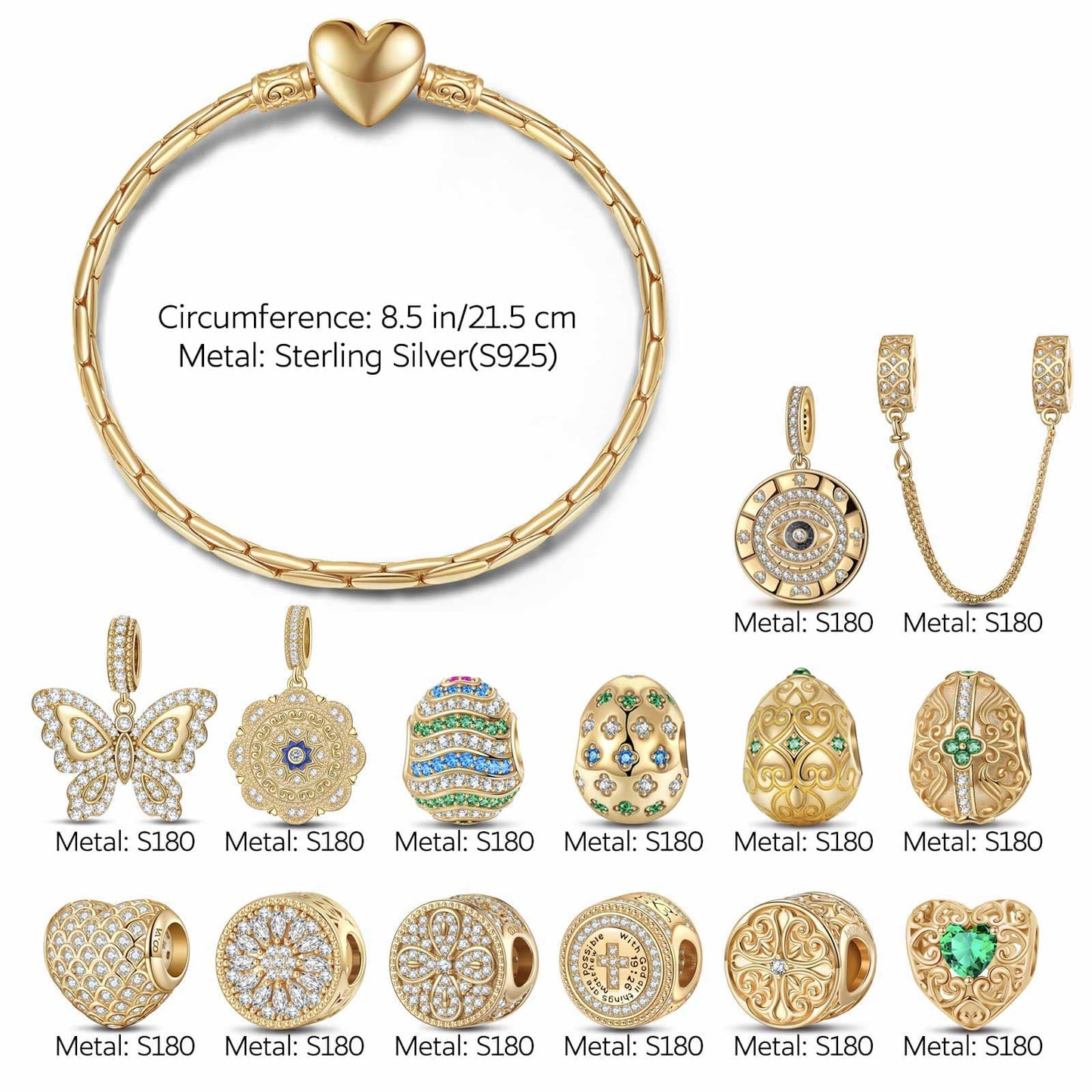 Sterling Silver Easter Egg of Grace Charms Bracelet Set With Enamel In 14K Gold Plated (Includes bracelet and all charms shown)