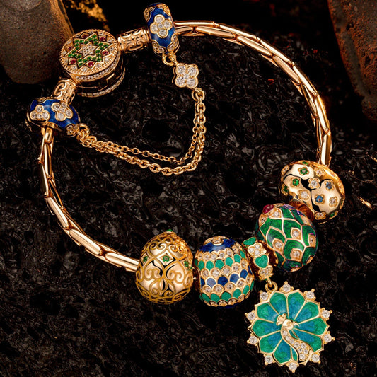 gon- Sterling Silver Brilliance in Blue-Green Charms Bracelet Set With Enamel In 14K Gold Plated