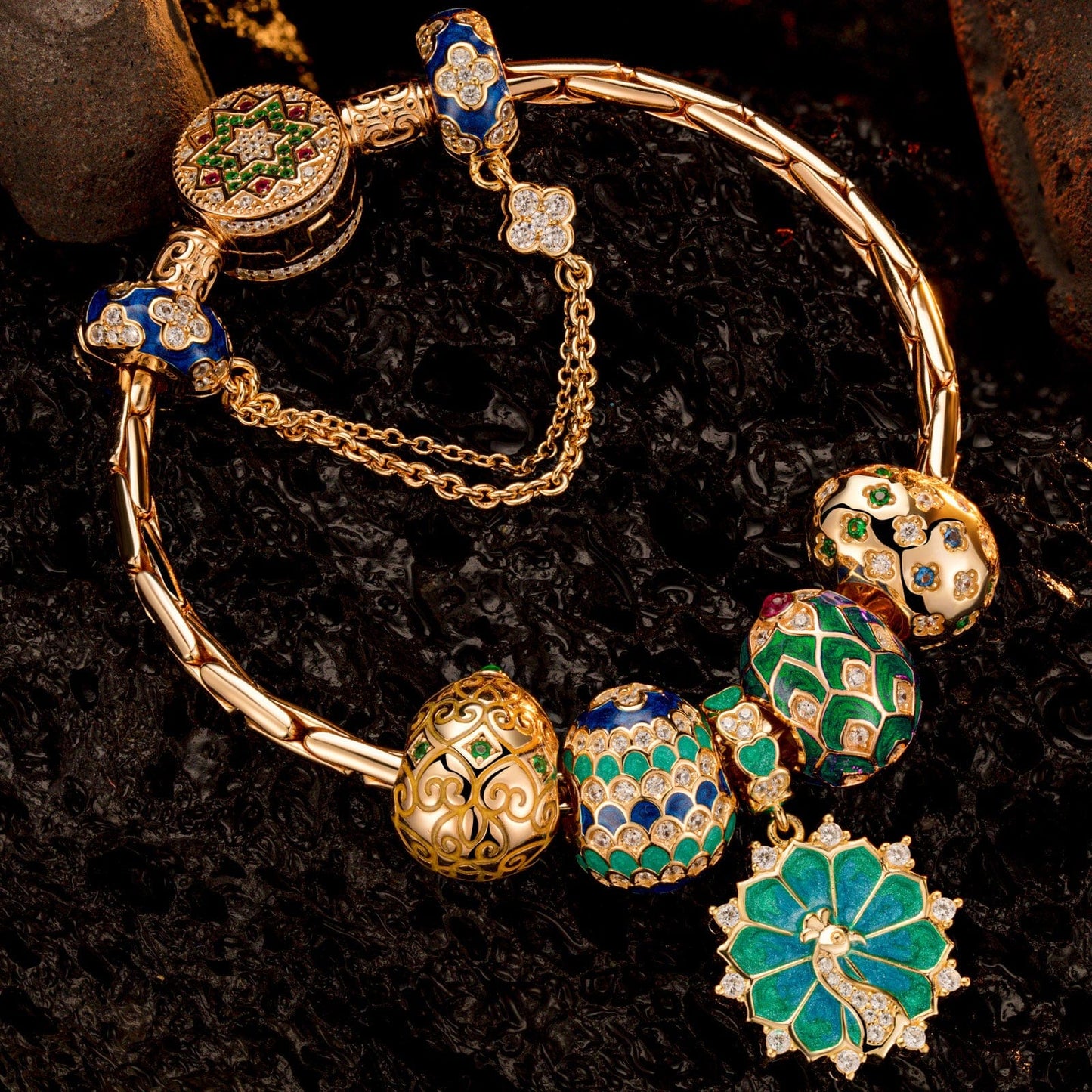 Sterling Silver Brilliance in Blue-Green Charms Bracelet Set With Enamel In 14K Gold Plated (Includes bracelet and all charms shown)