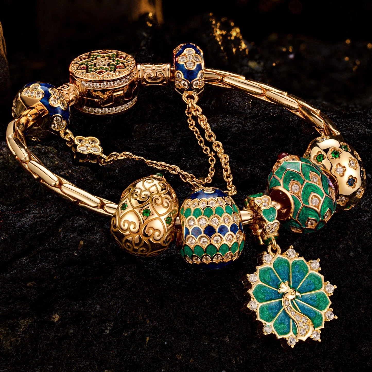 Sterling Silver Brilliance in Blue-Green Charms Bracelet Set With Enamel In 14K Gold Plated