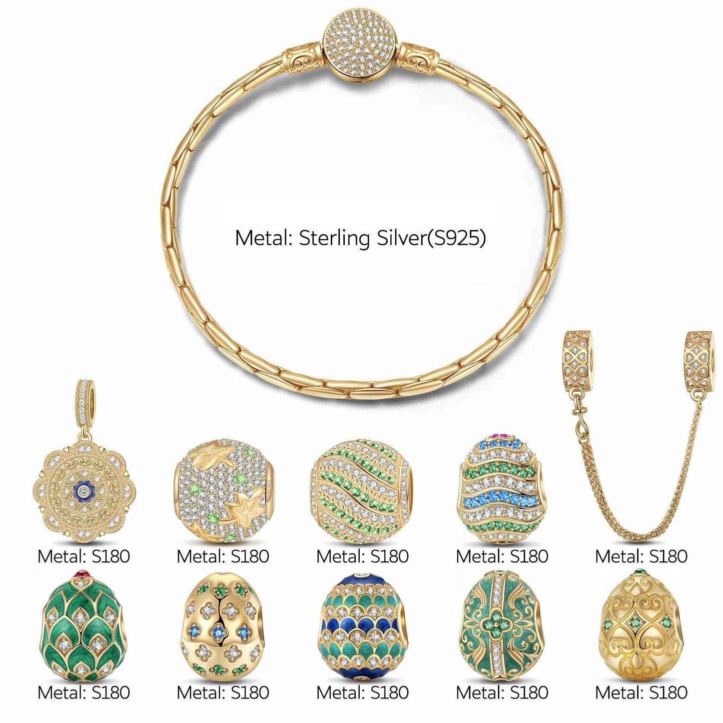 Sterling Silver Easter Treasures Charms Bracelet Set With Enamel In 14K Gold Plated (Includes bracelet and all charms shown)
