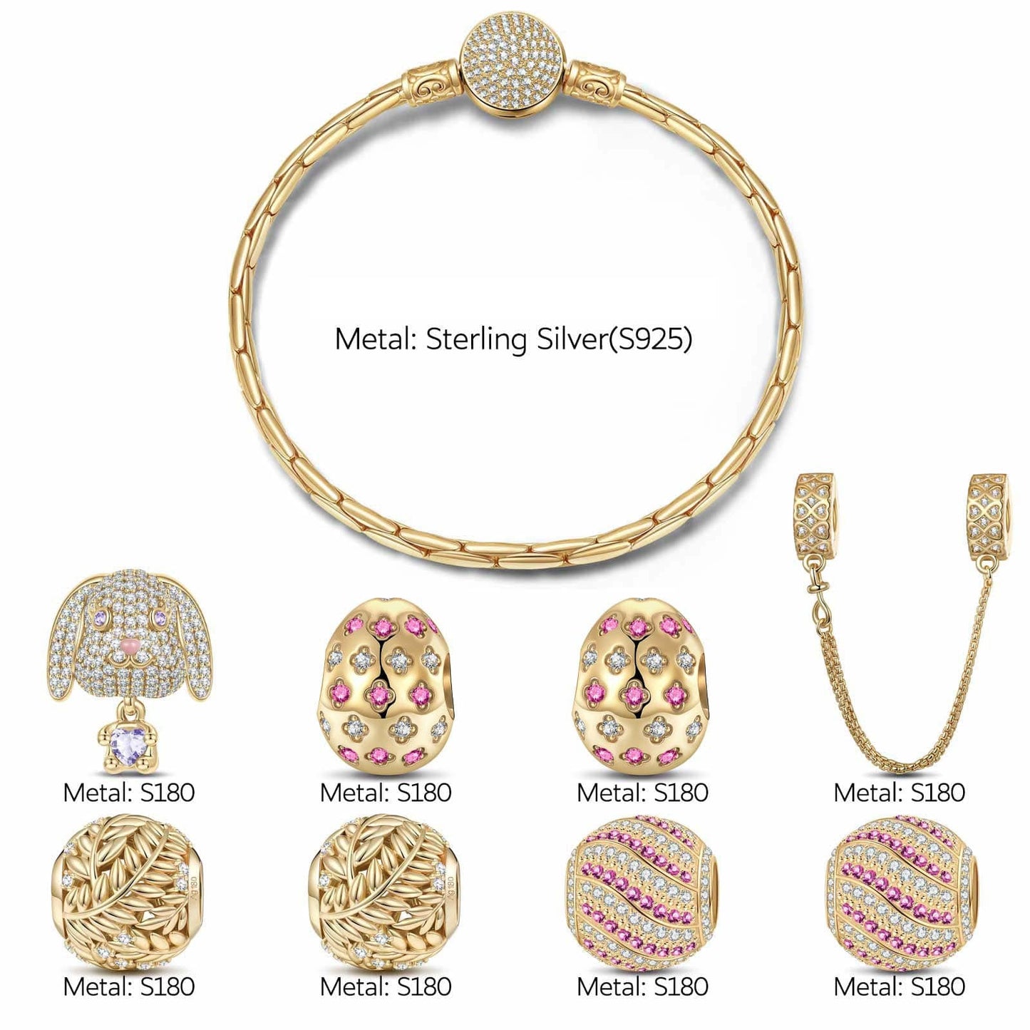 Sterling Silver Easter Egg and Bunny Charms Bracelet Set In 14K Gold Plated (Includes bracelet and all charms shown)