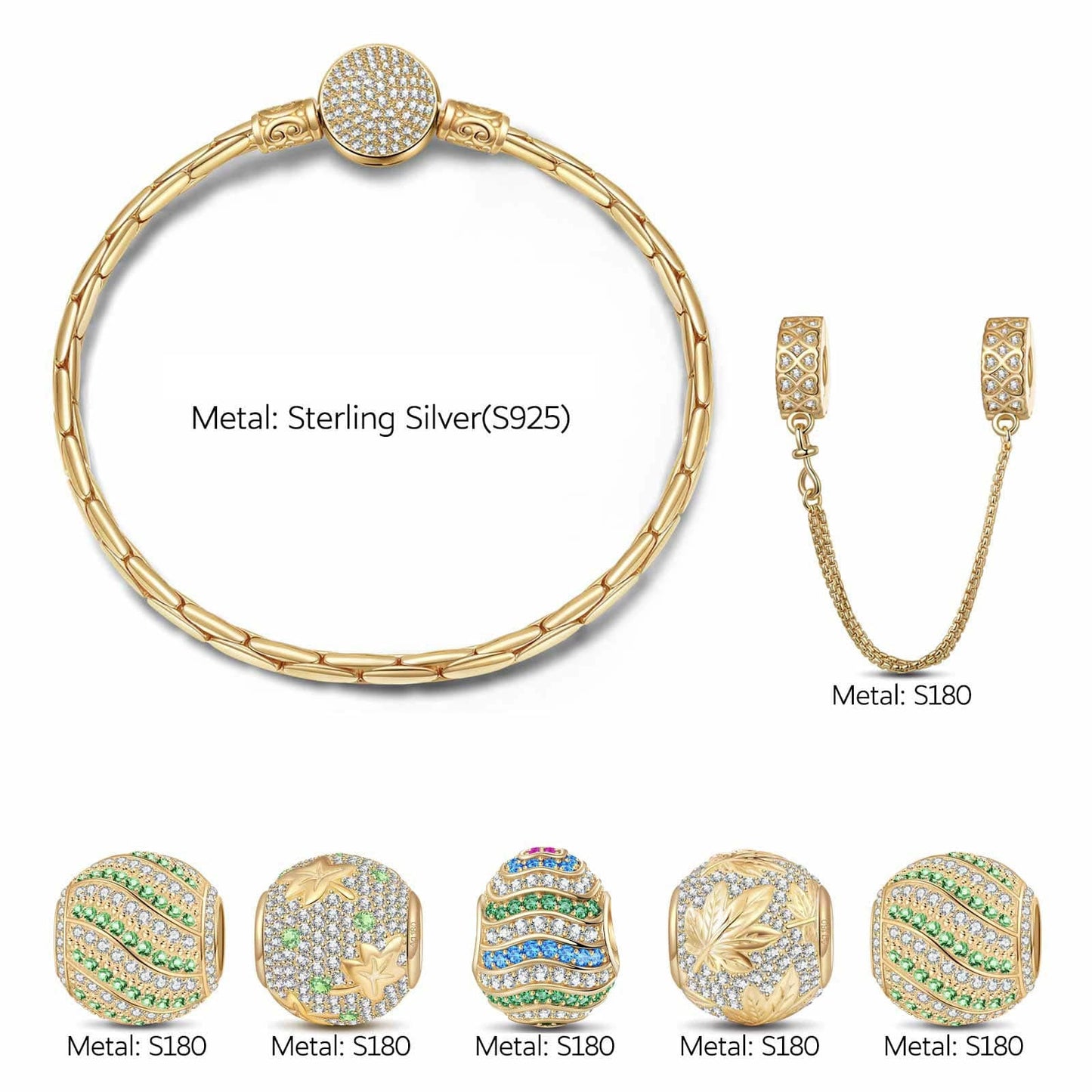 Sterling Silver Emerald of Life Charms Bracelet Set In 14K Gold Plated (Includes bracelet and all charms shown)