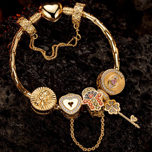gona- Sterling Silver Lucky Hamsa Charms Bracelet Set With Enamel In 14K Gold Plated (Includes bracelet and all charms shown)