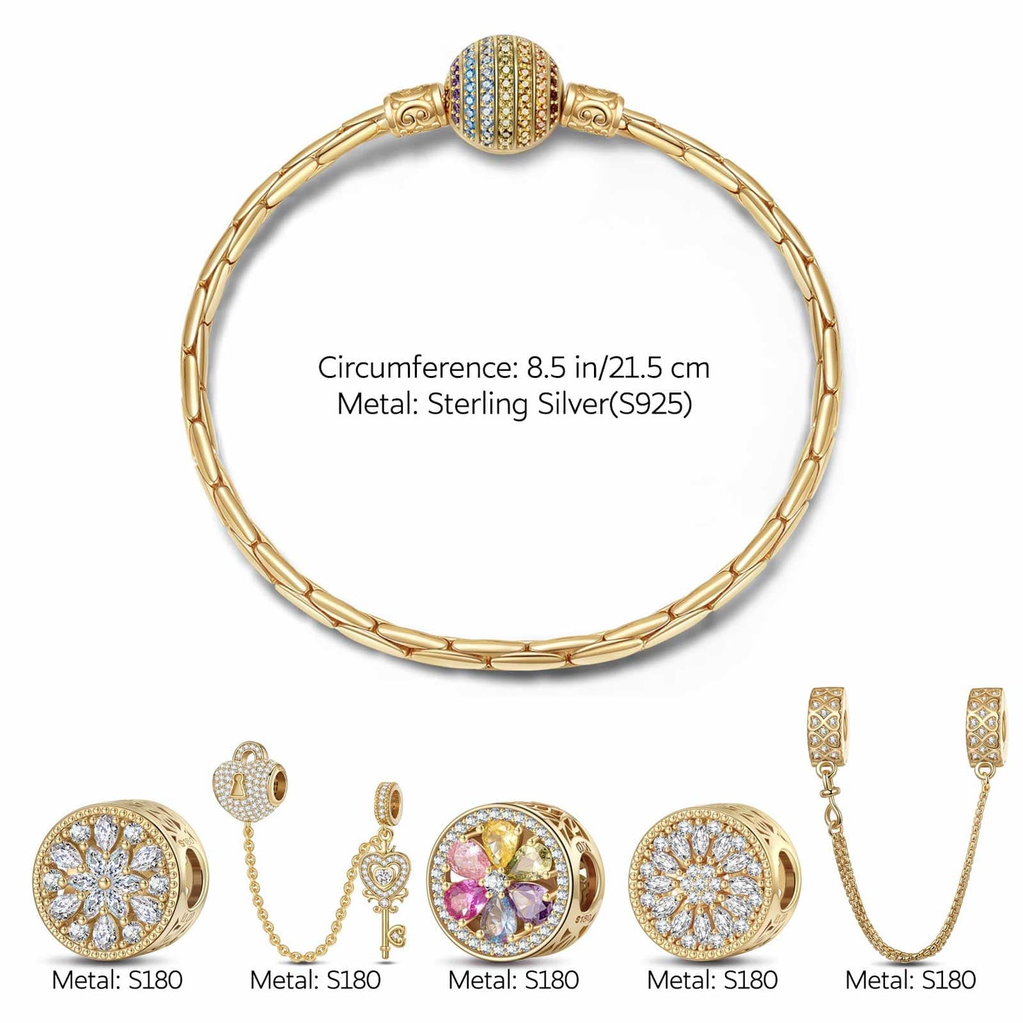 Sterling Silver Unlock the Color Bloom Charms Bracelet Set In 14K Gold Plated (Includes bracelet and all charms shown)