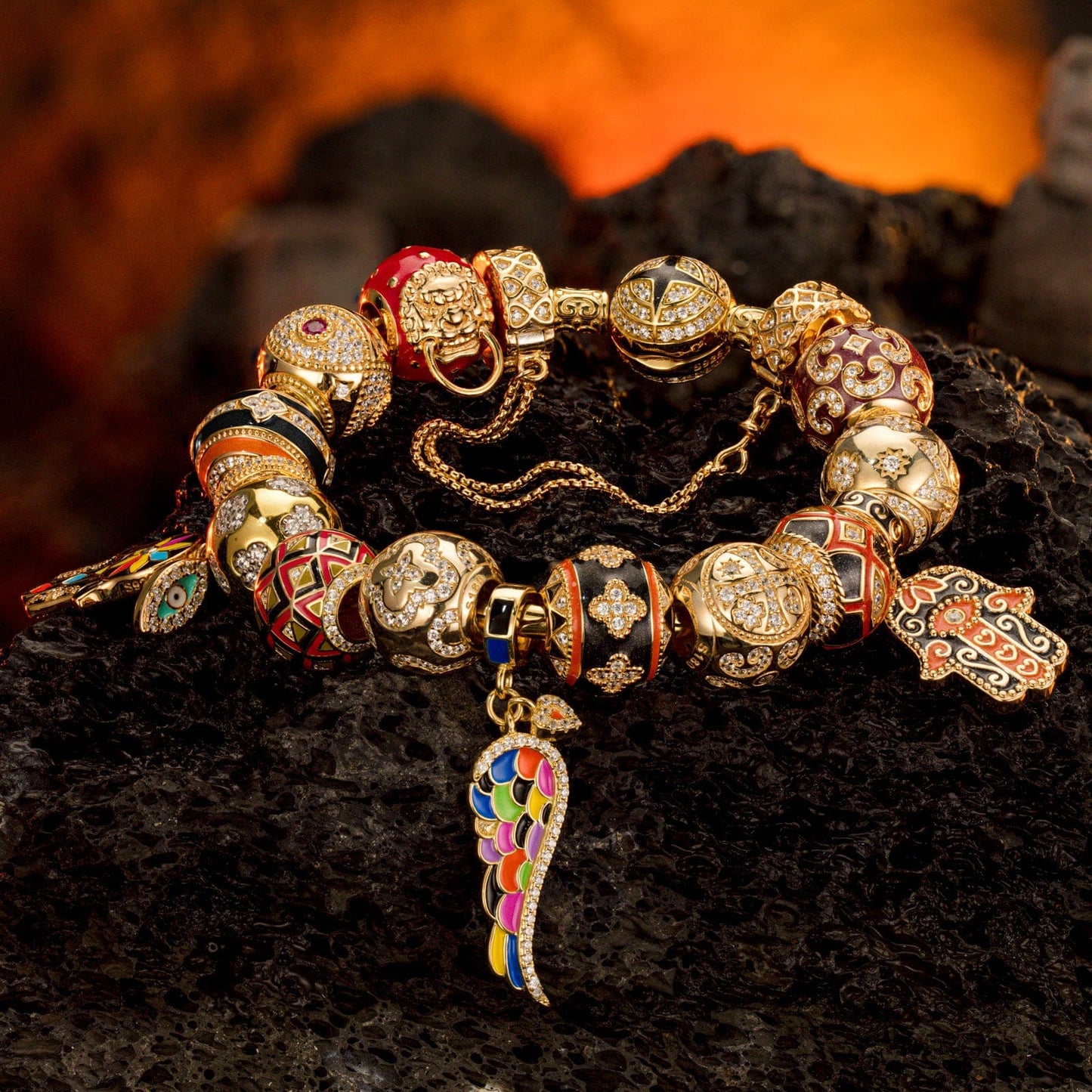 Sterling Silver Easter Blooming Charms Bracelet Set With Enamel In 14K Gold Plated (Includes bracelet and all charms shown)