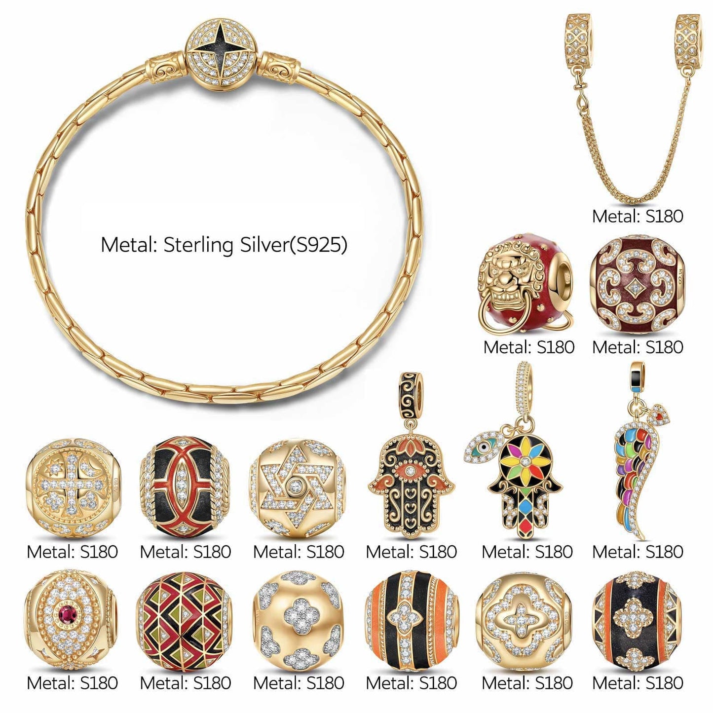 Sterling Silver Easter Blooming Charms Bracelet Set With Enamel In 14K Gold Plated (Includes bracelet and all charms shown)