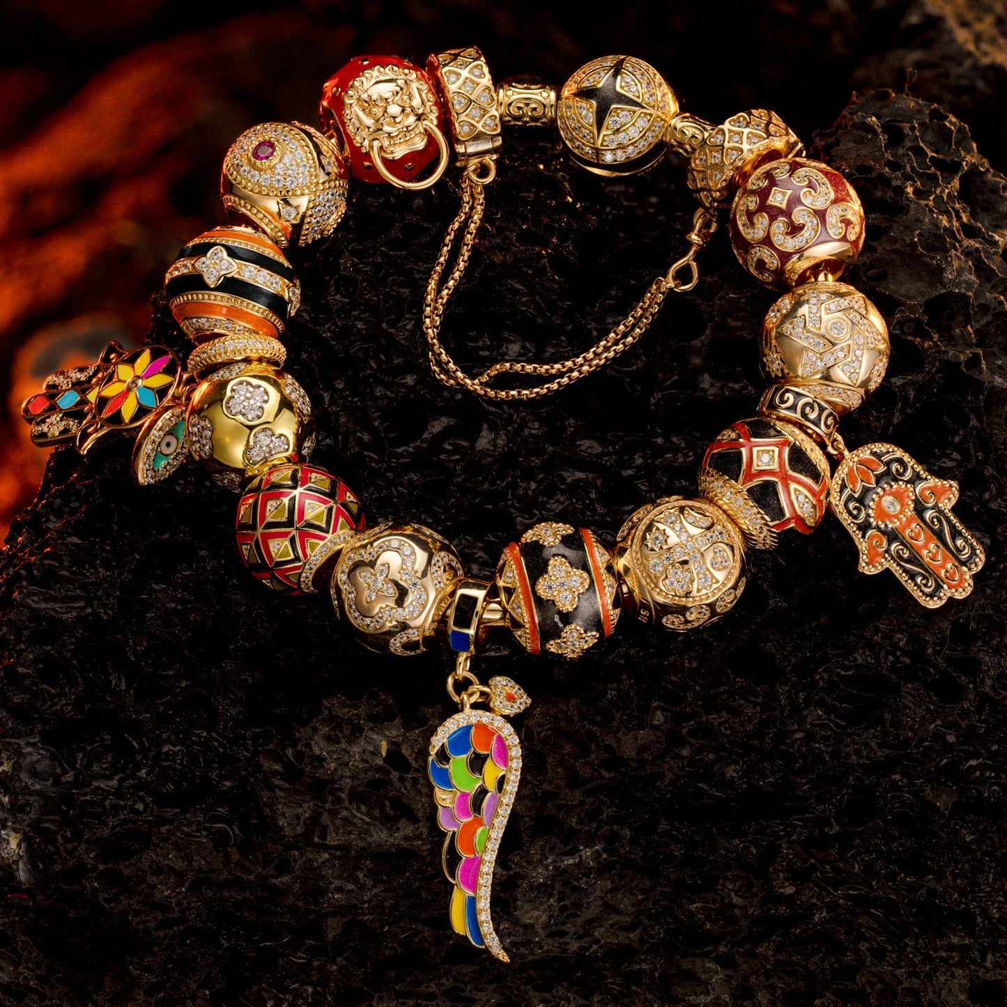 Sterling Silver Easter Blooming Charms Bracelet Set With Enamel In 14K Gold Plated (Includes bracelet and all charms shown)