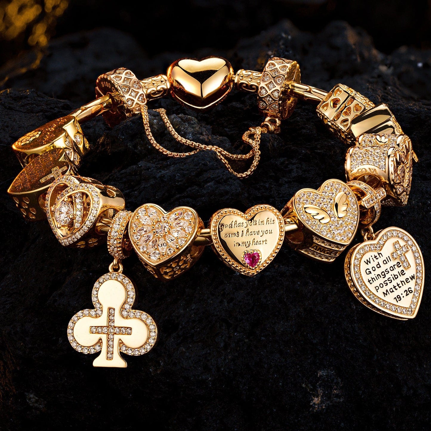 Sterling Silver Eternal Love and Guardian Charms Bracelet Set In 14K Gold Plated