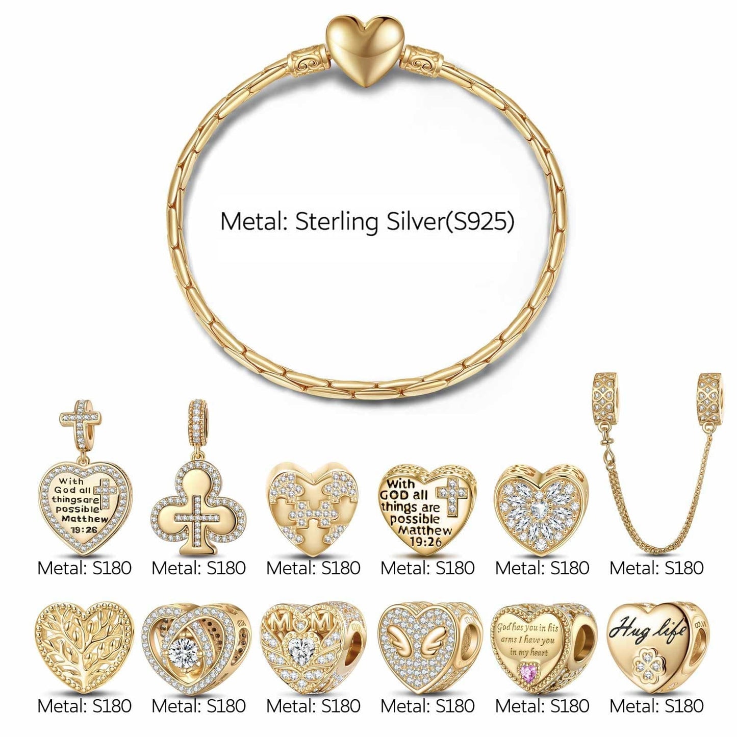 Sterling Silver Eternal Love and Guardian Charms Bracelet Set In 14K Gold Plated (Includes bracelet and all charms shown)