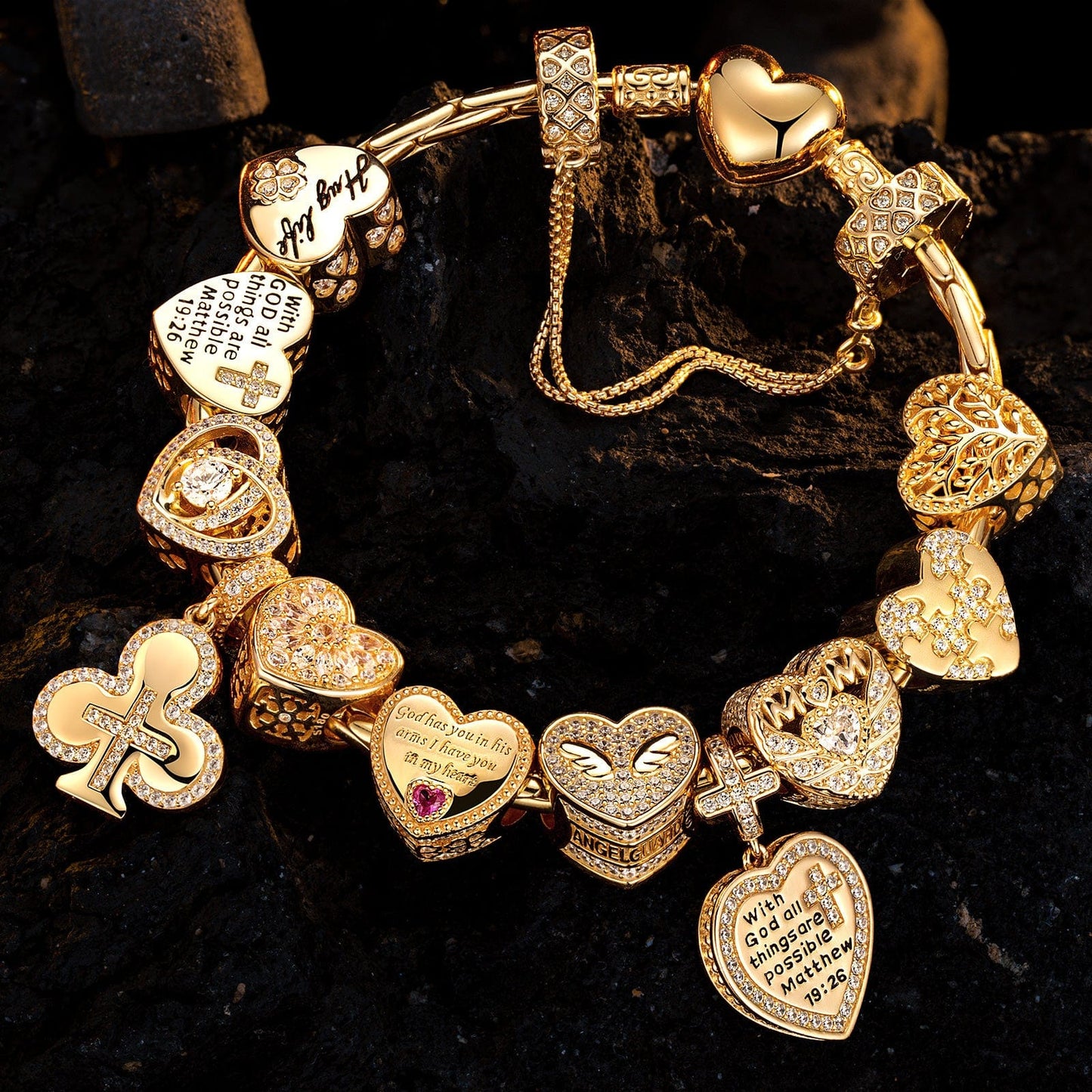 Sterling Silver Eternal Love and Guardian Charms Bracelet Set In 14K Gold Plated (Includes bracelet and all charms shown)