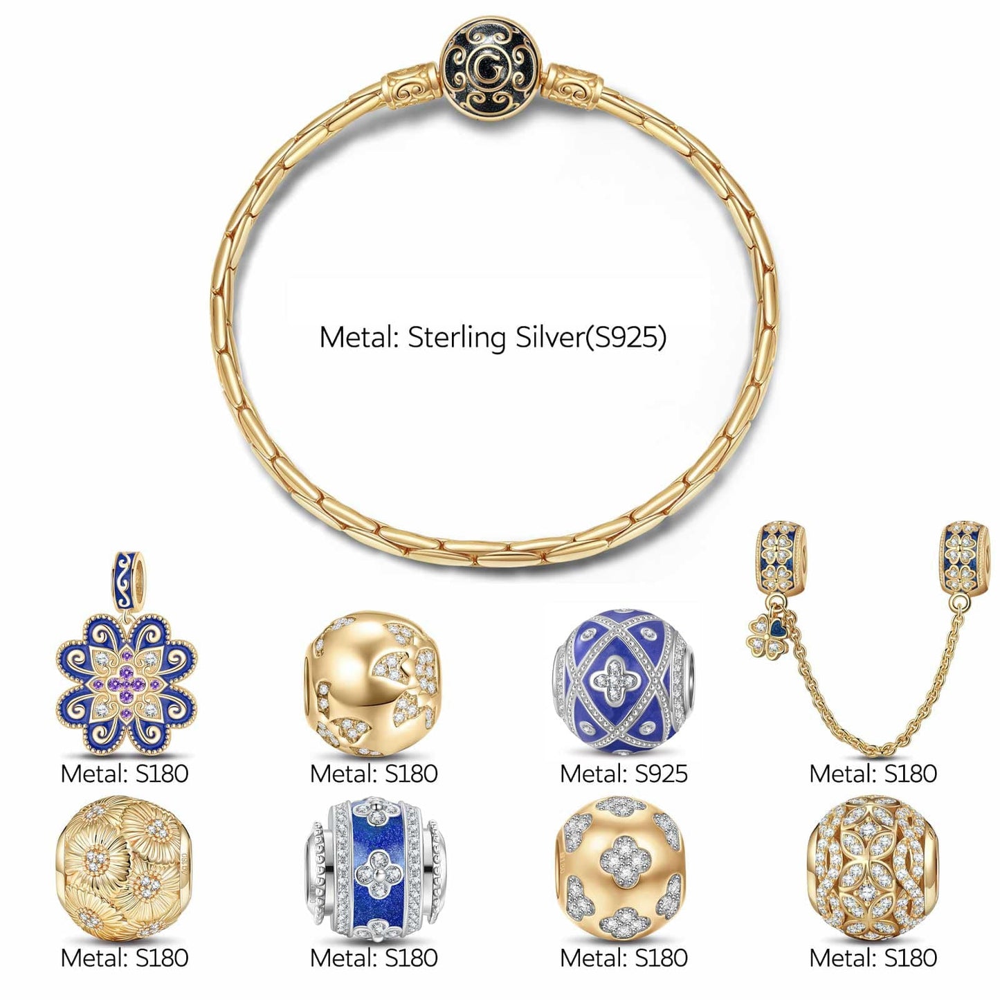 Sterling Silver Easter Deco Charms Bracelet Set With Enamel, Featuring Dual Plating in 14K Gold and White Gold (Includes bracelet and all charms shown)