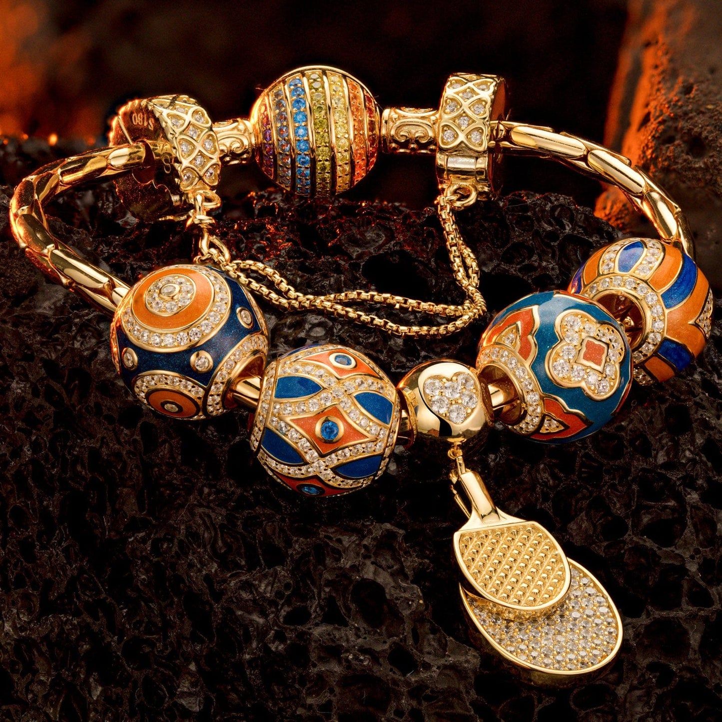 Sterling Silver Dynamic Duo Charms Bracelet Set With Enamel In 14K Gold Plated (Includes bracelet and all charms shown)
