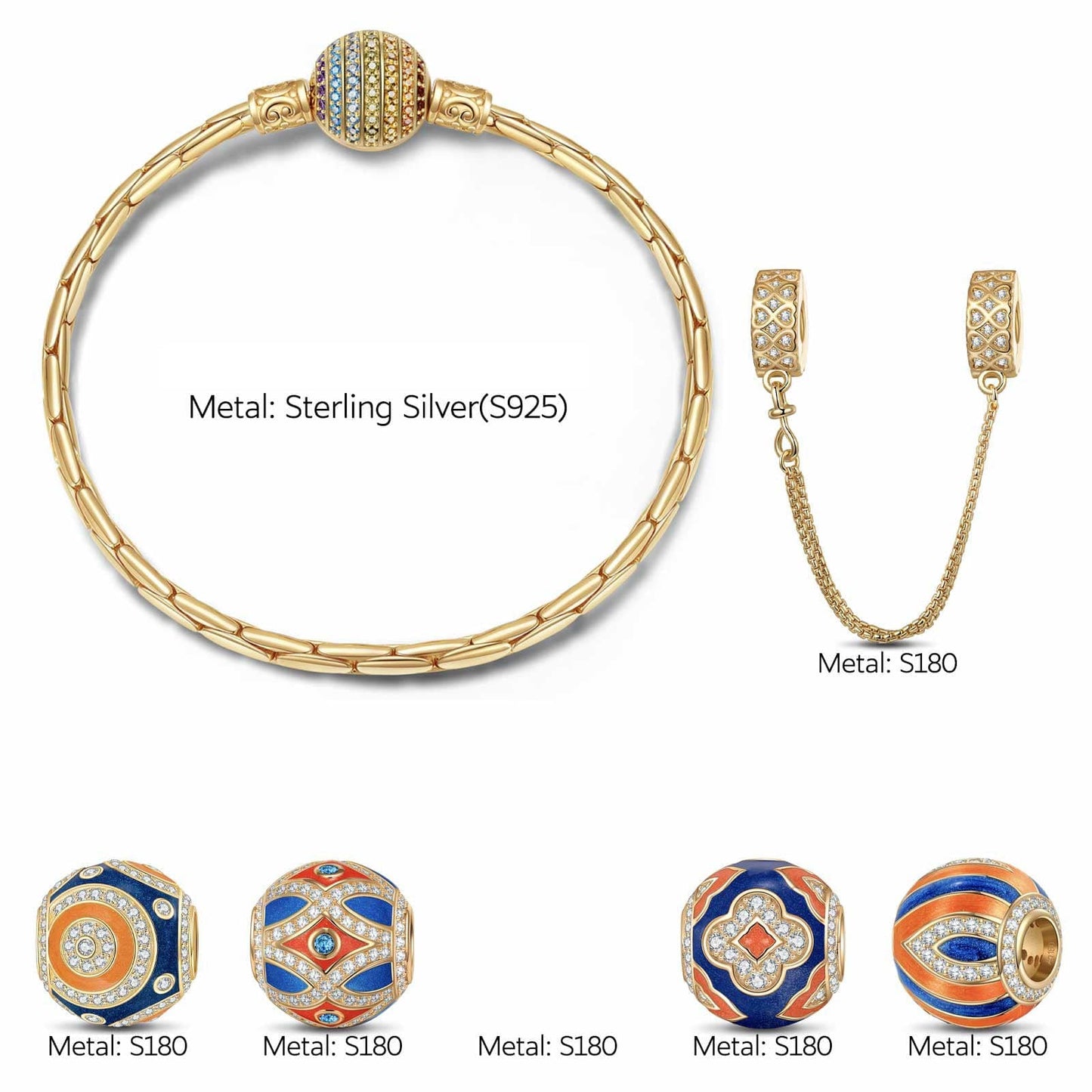 Sterling Silver Dynamic Duo Charms Bracelet Set With Enamel In 14K Gold Plated (Includes bracelet and all charms shown)