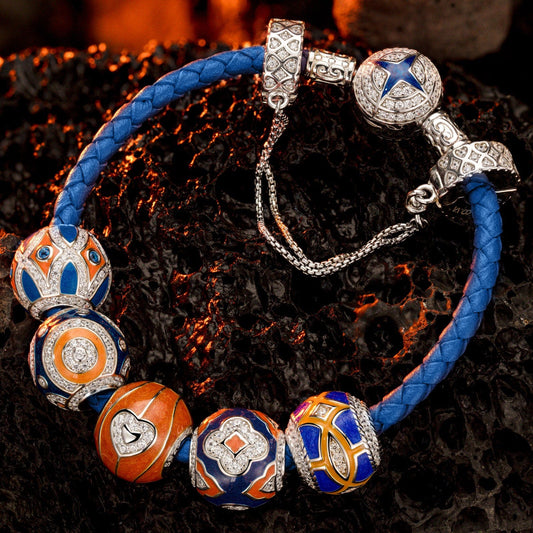 gona- Sterling Silver Sporty Fusion Charms Bracelet Set With Enamel In White Gold Plated (Includes bracelet and all charms shown)