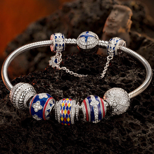 gona- Sterling Silver Rotating Good Fortune Charms Bracelet Set With Enamel In White Gold Plated (Includes bracelet and all charms shown)