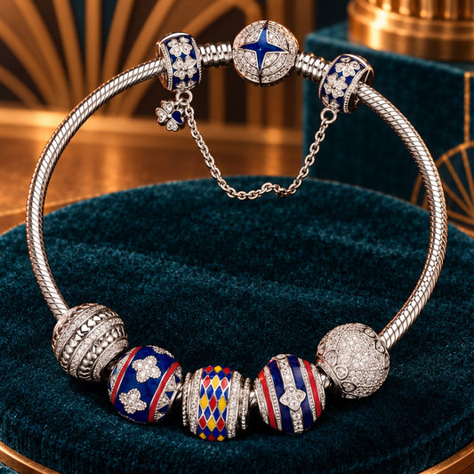 gona- Sterling Silver Rotating Good Fortune Charms Bracelet Set With Enamel In White Gold Plated (Includes bracelet and all charms shown)