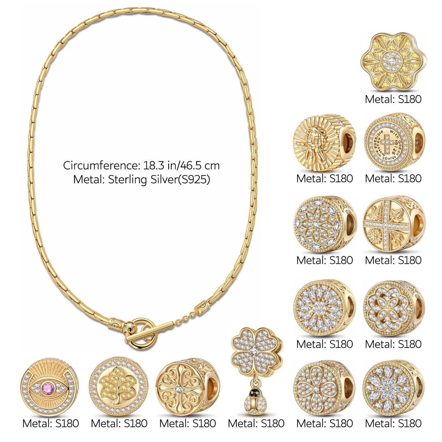 Sterling Silver Brilliant Floral Fantasy Charms Necklace Set In 14K Gold Plated