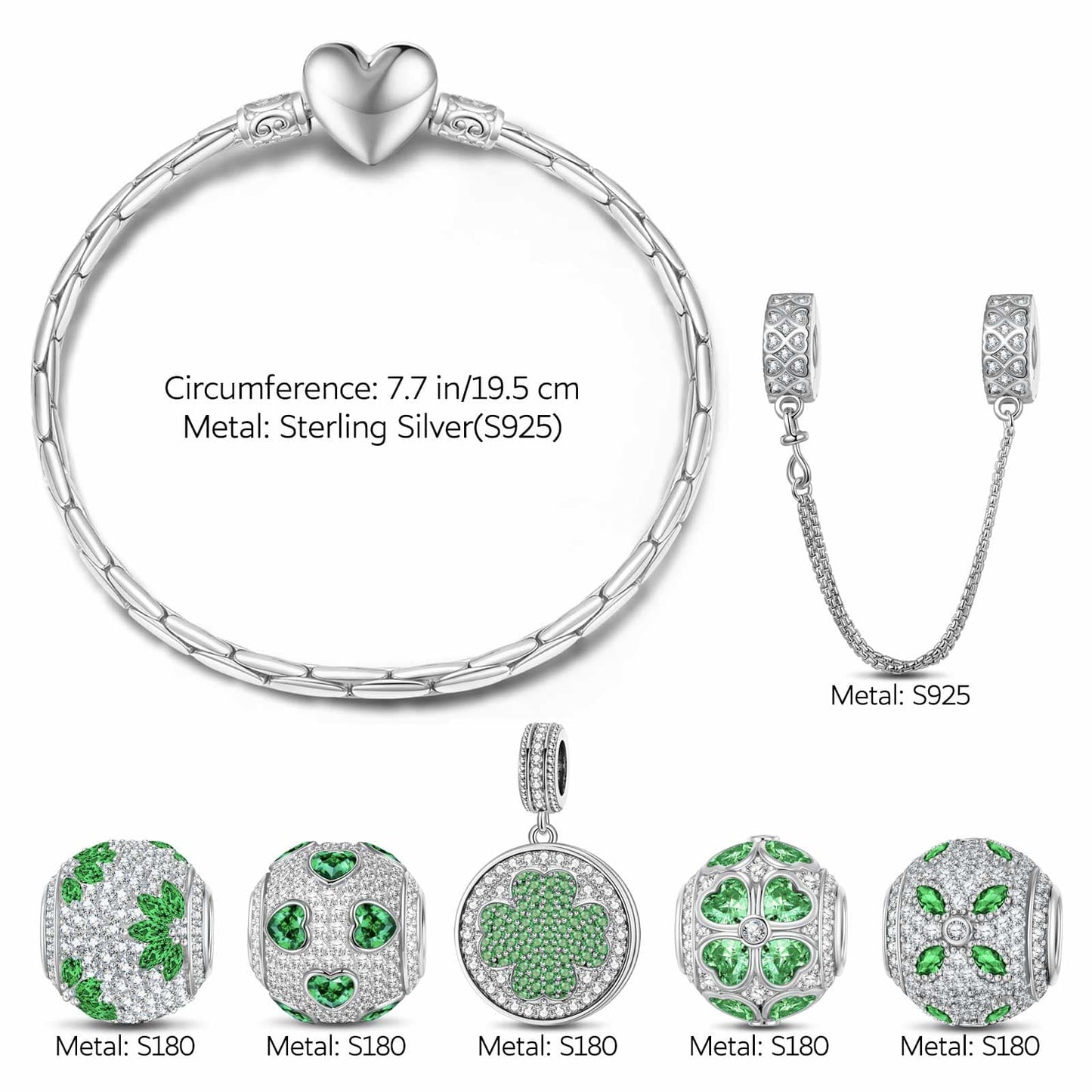 Sterling Silver Verdant Clover Treasures Charms Bracelet Set In White Gold Plated (Includes bracelet and all charms shown)