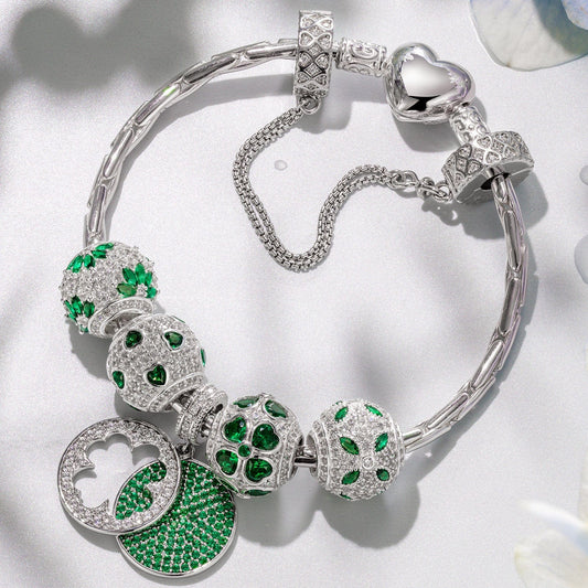 gon- Sterling Silver Verdant Clover Treasures Charms Bracelet Set In White Gold Plated